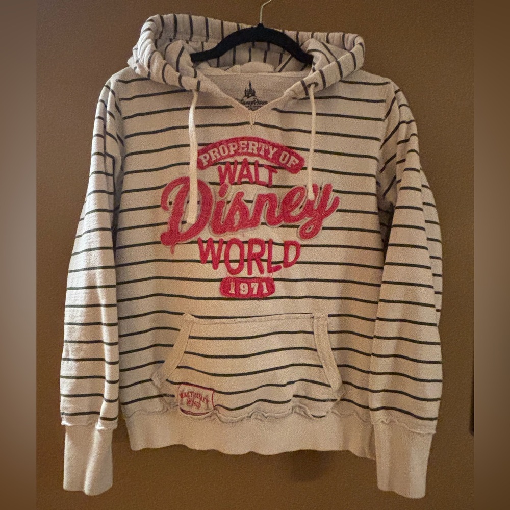 Disney World Women's Striped Hoodie - White/Pink/Gray Preloved Medium